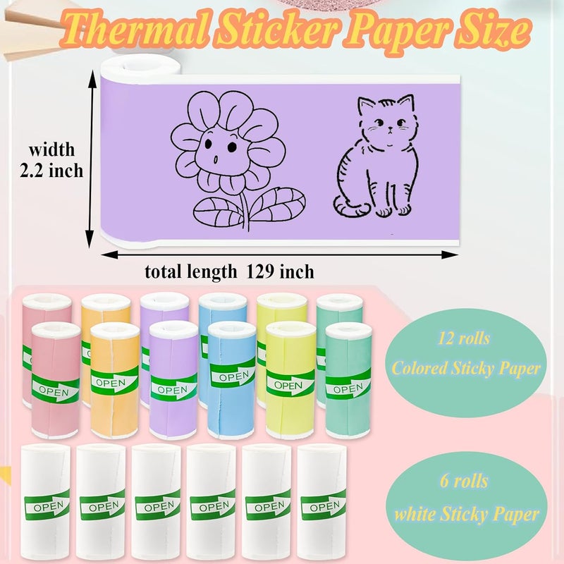 OMGFUNAA 18 Rolls Self-Adhesive Mini Printer Sticker Paper - 6 White & 12 Vibrant Colors for M02/T02 Printers (Remove Inner Paper Holder), Thermal Sticker Paper Continious Labels for Study Notes & Scrapbooking - Image 2